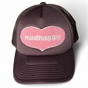 Madhappy Heart Logo Patch Bouclé Trucker Hat in Dark Coffee Brown and Pink